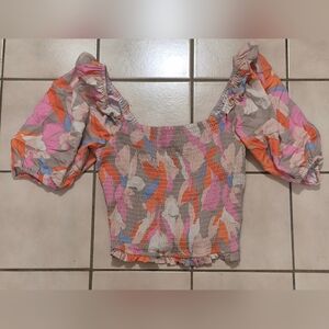 Saltwater Luxe Anna Smocked Puff-Sleeve Top — Abstract Floral (Size S) | NWT